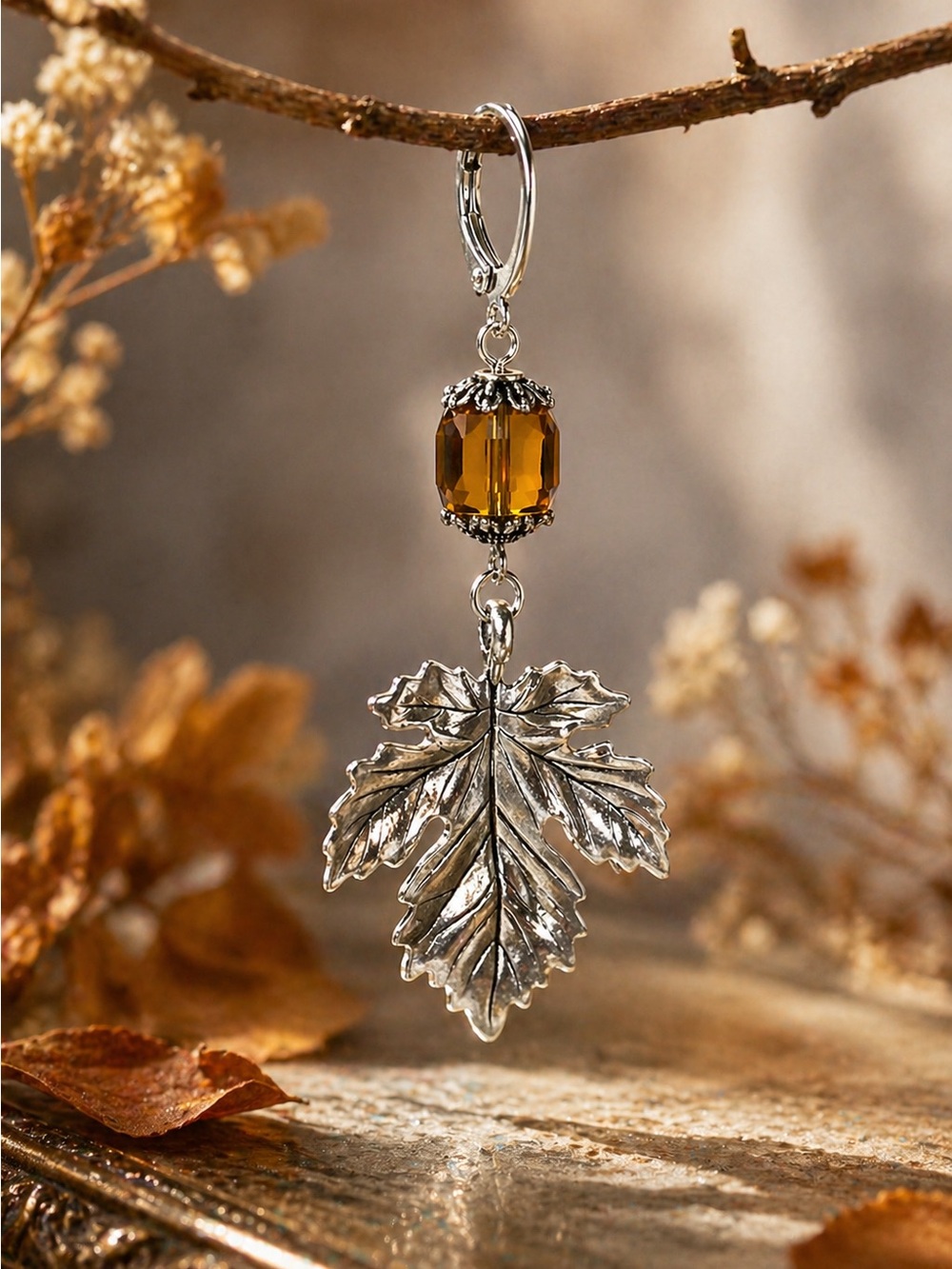 Amber Leaf Earrings, Silver Botanical Dangle, Nature Inspired Jewelry - Picture 5 of 5